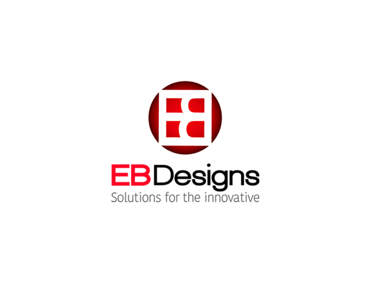 Logo of EB Designs, a graphic design company, with a red circle containing white and red stylized letters.
