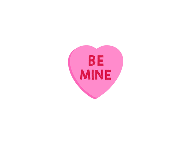Pink heart with red text saying "BE MINE" inside a black background, typical of Valentine's Day message. Be Mine Boutique logo.