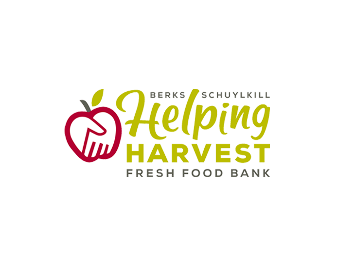 Helping Harvest logo with a red apple, a white hand inside the apple, and green leaves, along with the text 'Berks Schuylkill Helping Harvest Fresh Food Bank'.
