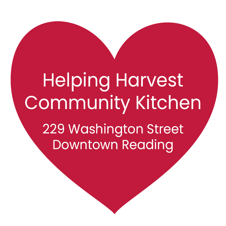 A red heart with white text that reads "Helping Harvest Community Kitchen, 229 Washington Street, Downtown Reading."