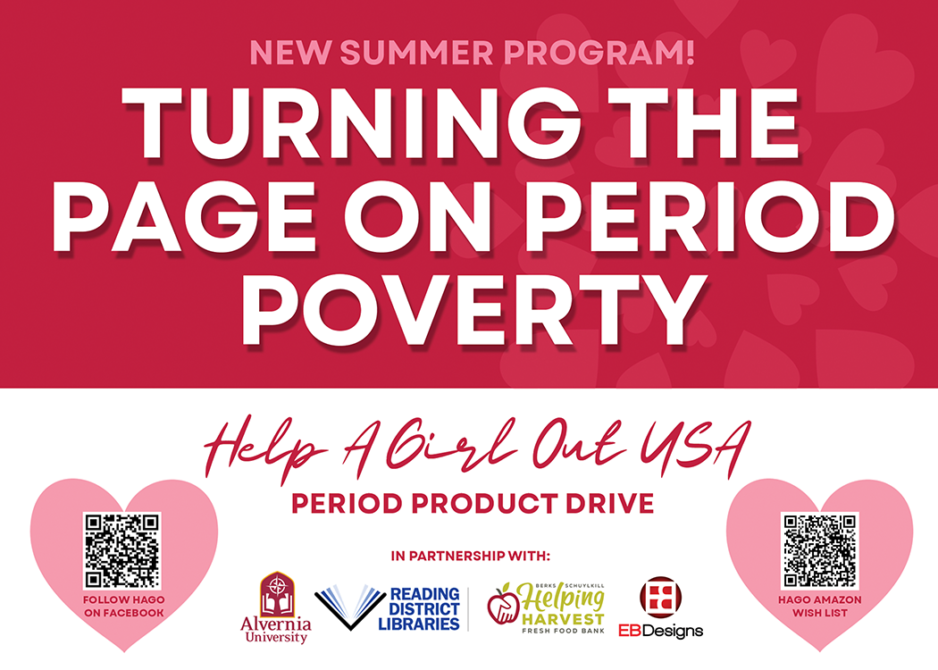 Pink and red flyer promoting a summer program called 'Turning the Page on Period Poverty' to help girls in the USA. Features QR codes on hearts and partners including Alvernia University, Reading District Libraries, Helping Harvest, and EB Designs.