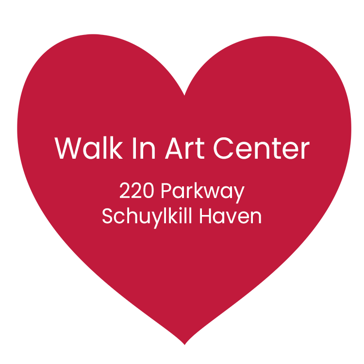 Red heart with white text that reads "Walk In Art Center, 220 Parkway, Schuylkill Haven."