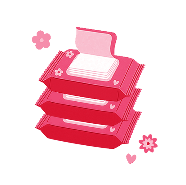Stack of four pink wet wipes packages with one partially open showing white wipes inside, decorated with small hearts and flowers.