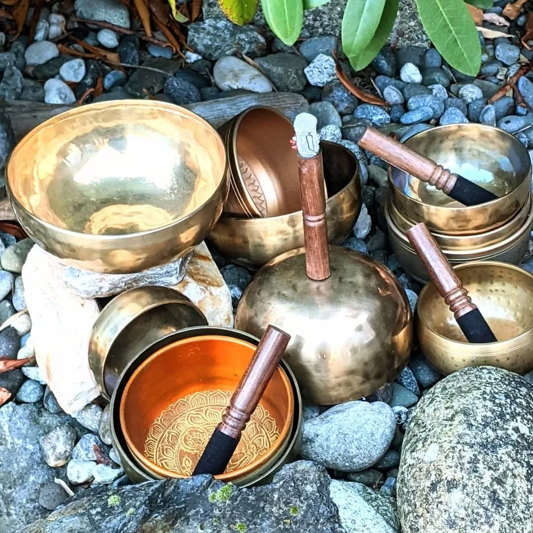 Caravan Gallery in La Conner, WA -  A collection of singing bowls and mallets arranged on rocks outdoors, with green leaves visible in the background.