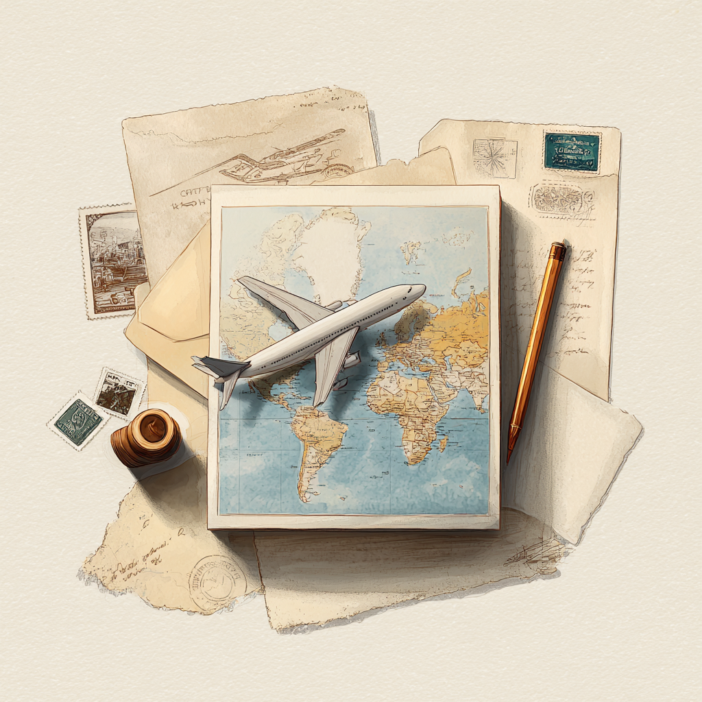 Travel planning scene with a world map, miniature airplane, postcards, stamps, a pen, and travel documents on a beige background.