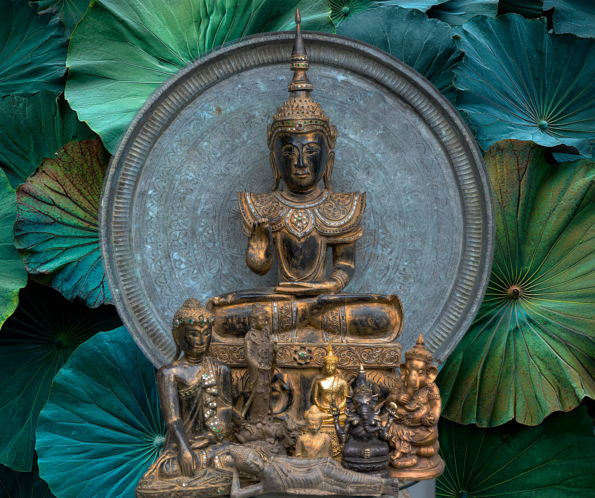 Caravan Gallery in La Conner, WA - A collection of small golden and bronze statues of Hindu deities and spiritual figures, with a large central Buddha statue, set against a backdrop of large green lotus leaves.