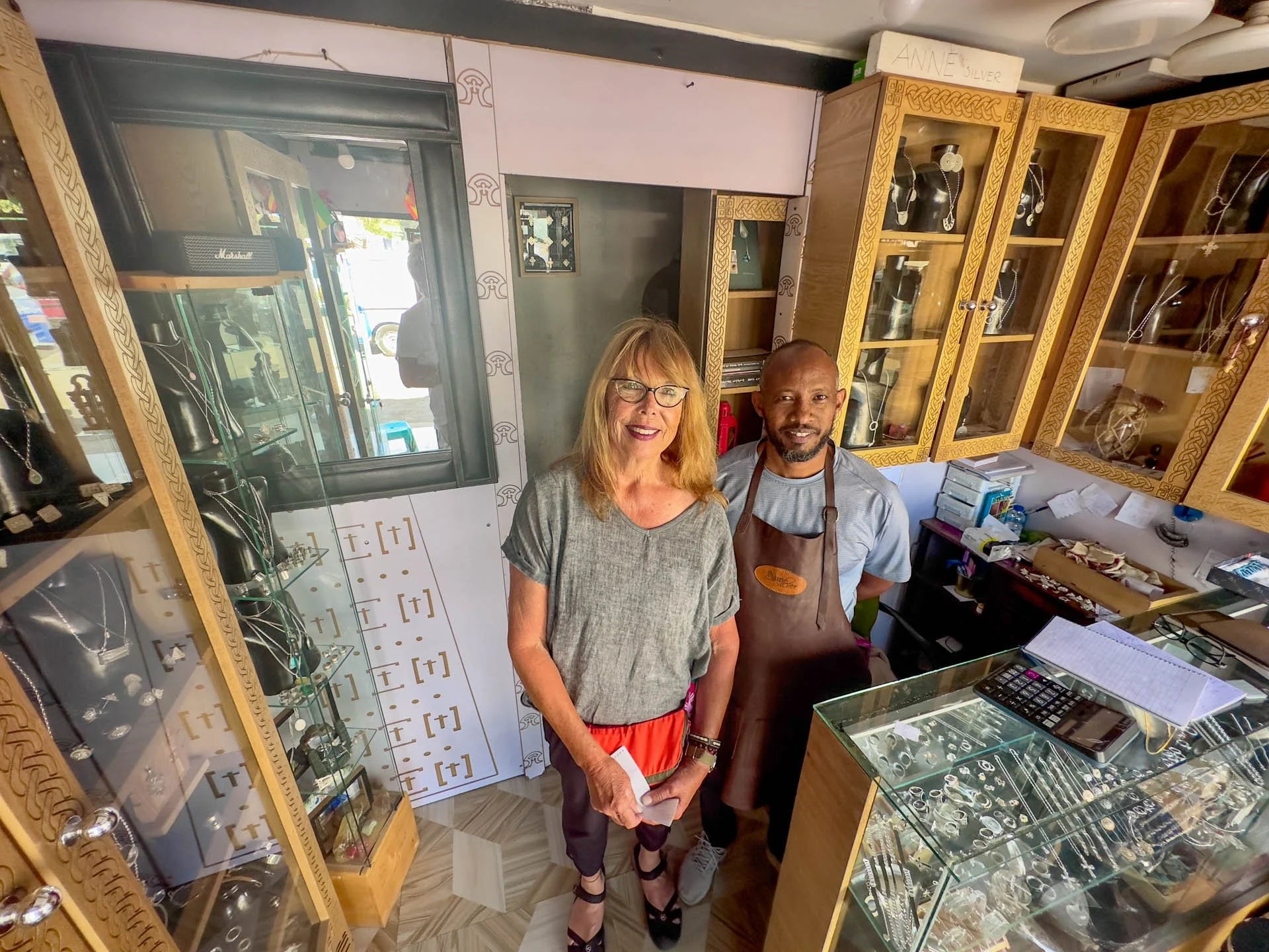 Caravan Gallery in La Conner, WA - Owner Linda Banaszak shopping at a jewelry store in Addis Ababa in Ethiopia. 
