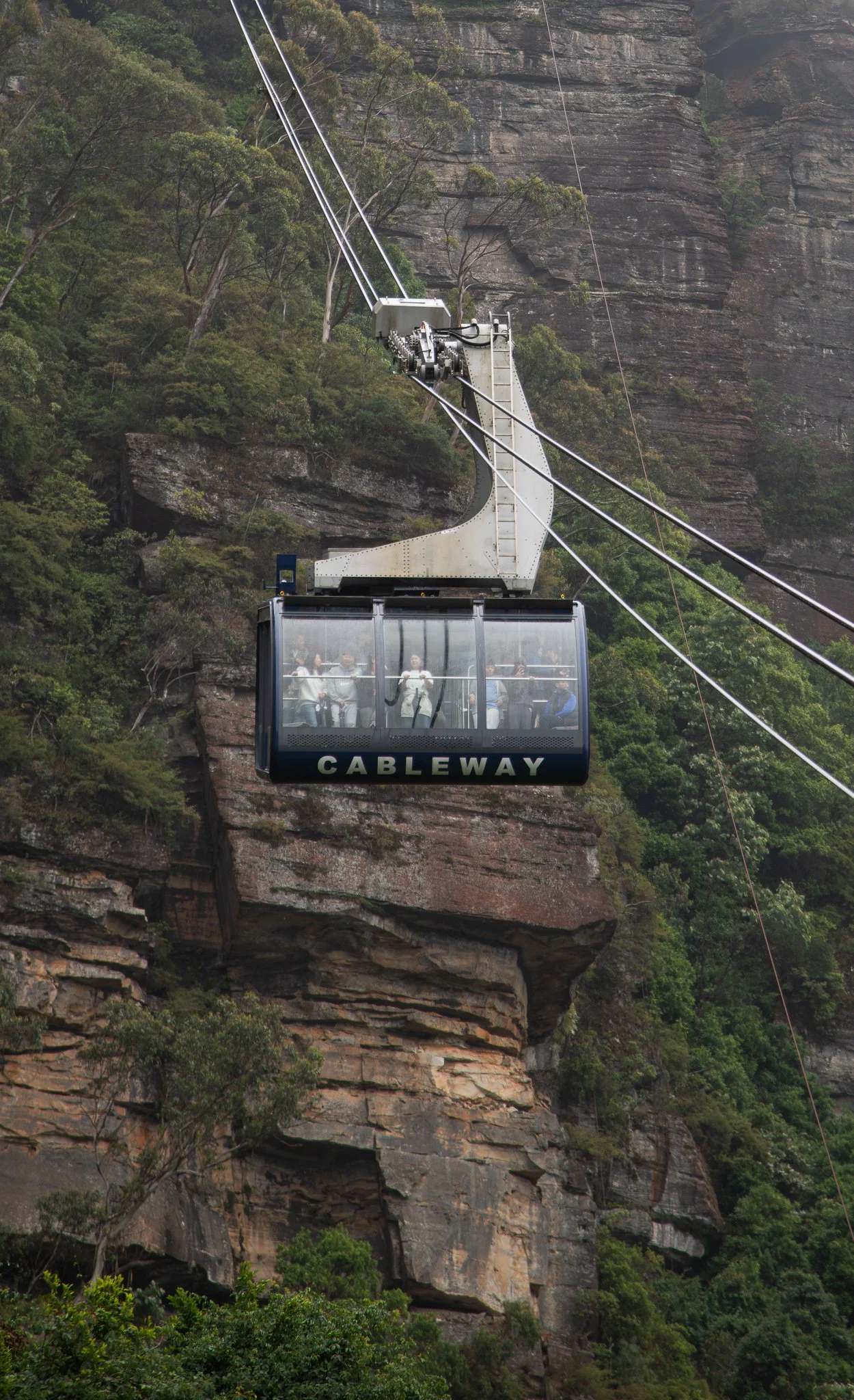 A cable car labeled 'CABLEWAY' suspended from cables traveling above a rocky, forested mountainside with cliffs and trees.