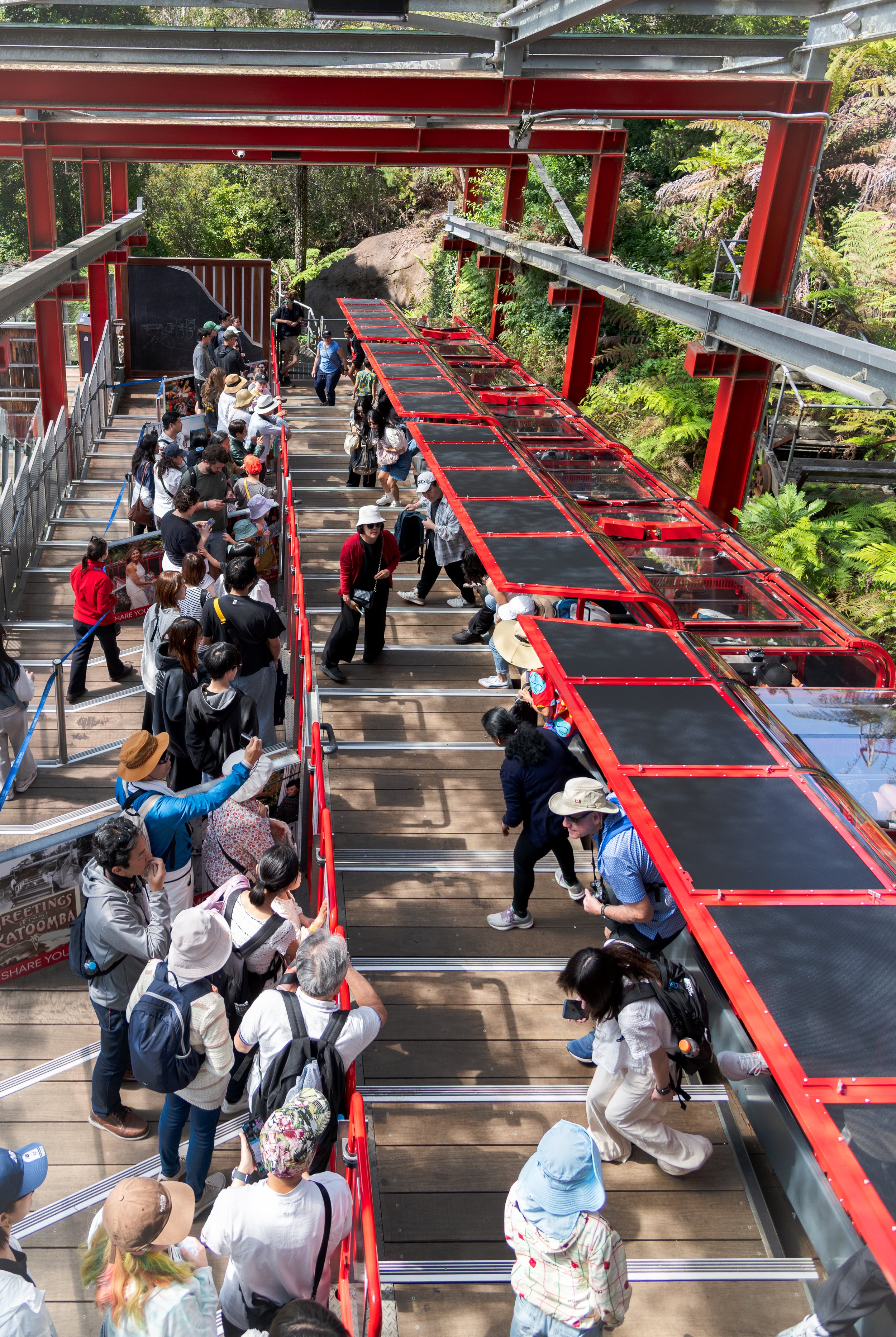 People standing in line at a gondola ride station in a green, wooded outdoor area with red gondola cars and metal railings.