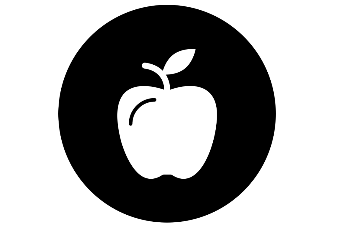 Icon of a apple with a leaf inside a black circle.