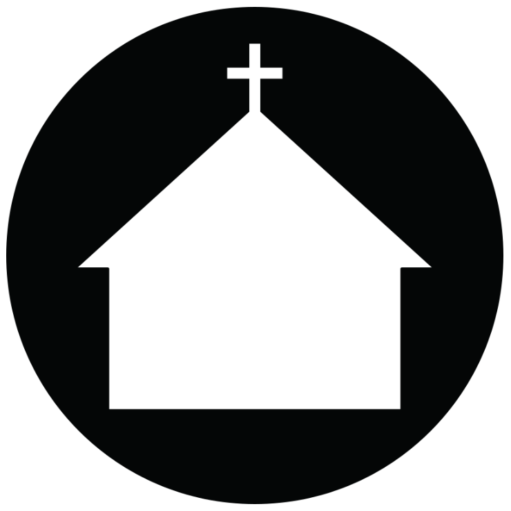 A black and white icon of a church with a cross on top, enclosed in a black circle.