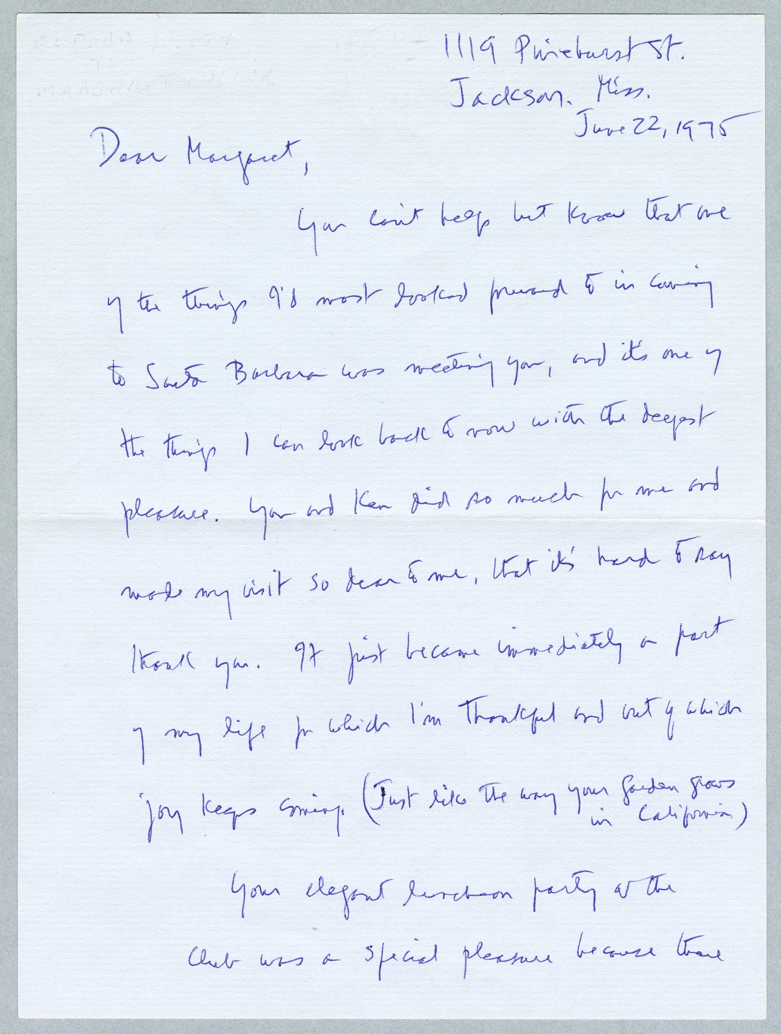 Handwritten letter dated June 22, 1975, from 1119 Pinehurst Street, Jackson, Mississippi. The letter is addressed to Margaret, discussing a trip to Santa Barbara, expressing gratitude, and mentioning the joy of the visit.