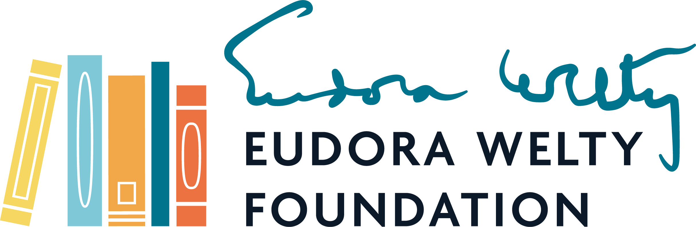 Logo for the Eudora Welty Foundation featuring stylized colorful books and a handwritten-style logo.