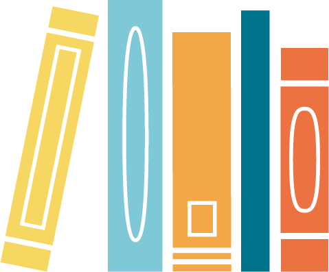 Colorful illustration of five books with different colors and sizes standing upright.
