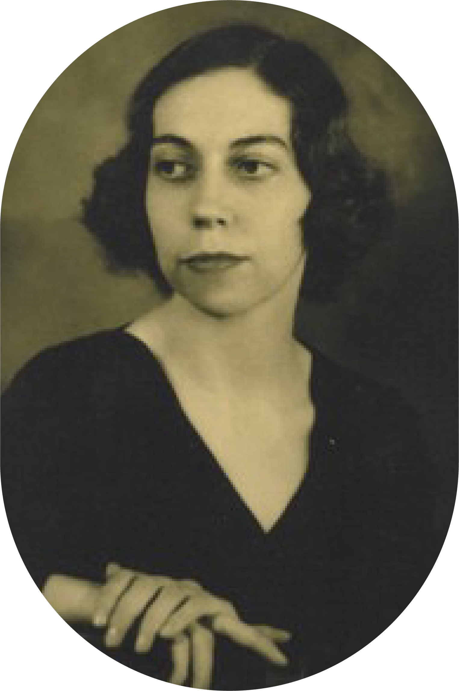 Black and white vintage portrait of a woman with wavy, shoulder-length hair, wearing a dark top, looking to her left, with her hand resting on a surface.
