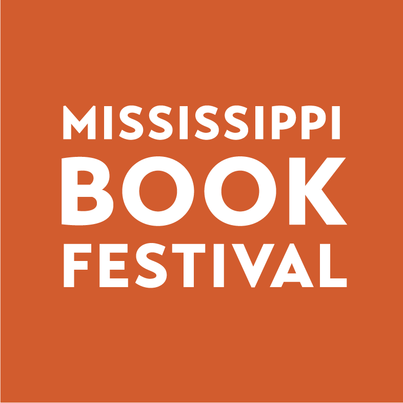 Logo for the Mississippi Book Festival with orange background and white text.