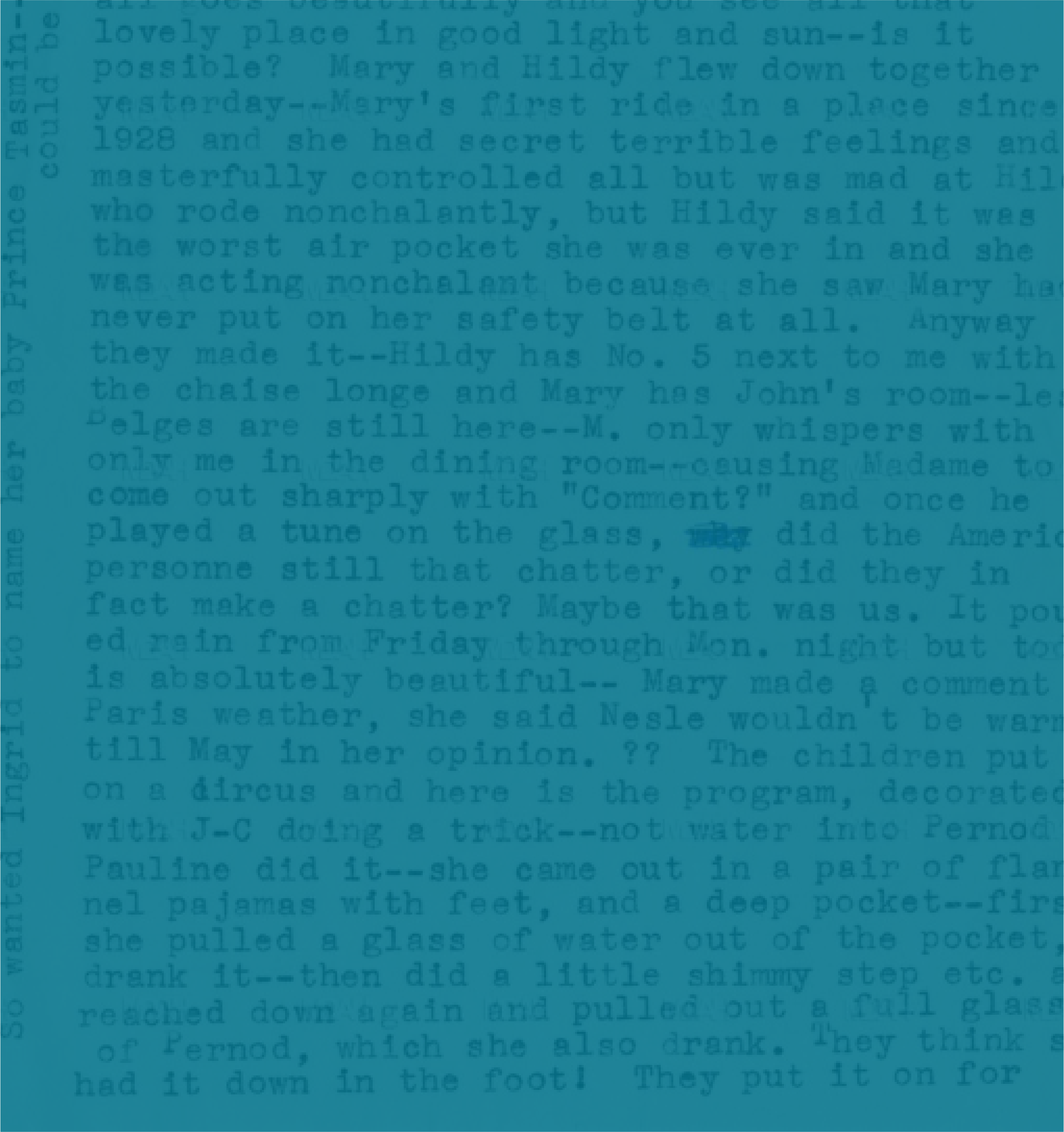 A page of text with a blue overlay, describing various activities and conversations at a social gathering, including references to Mary, Hildy, a chaise lounge, and children dressed in carnival costumes.