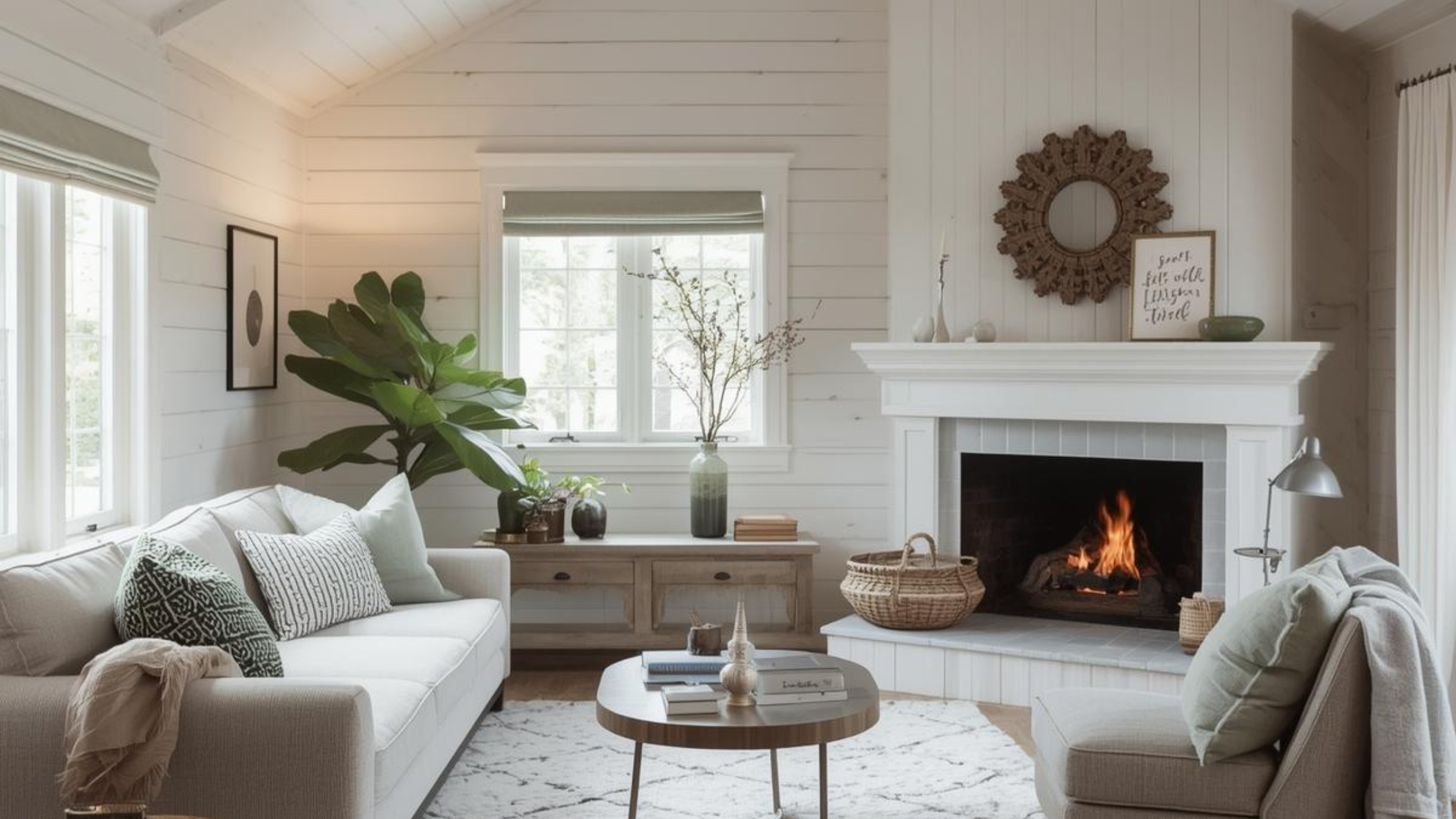Cozy white cottage living room with a white couch and a fireplace