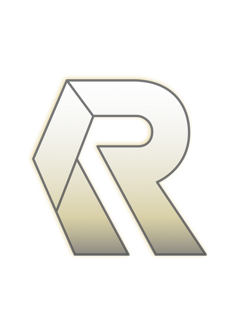 A metallic, 3D-style letter R with a reflective surface and black outline, set against a transparent background.