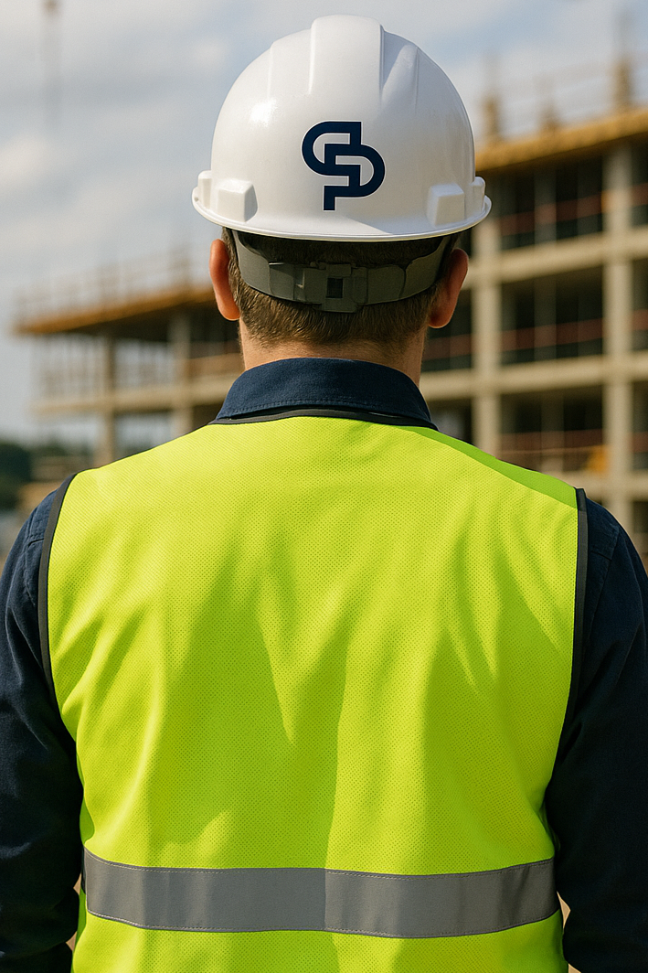Construction worker wearing a yellow safety vest and white hard hat with a logo on the back, standing in front of an unfinished building.