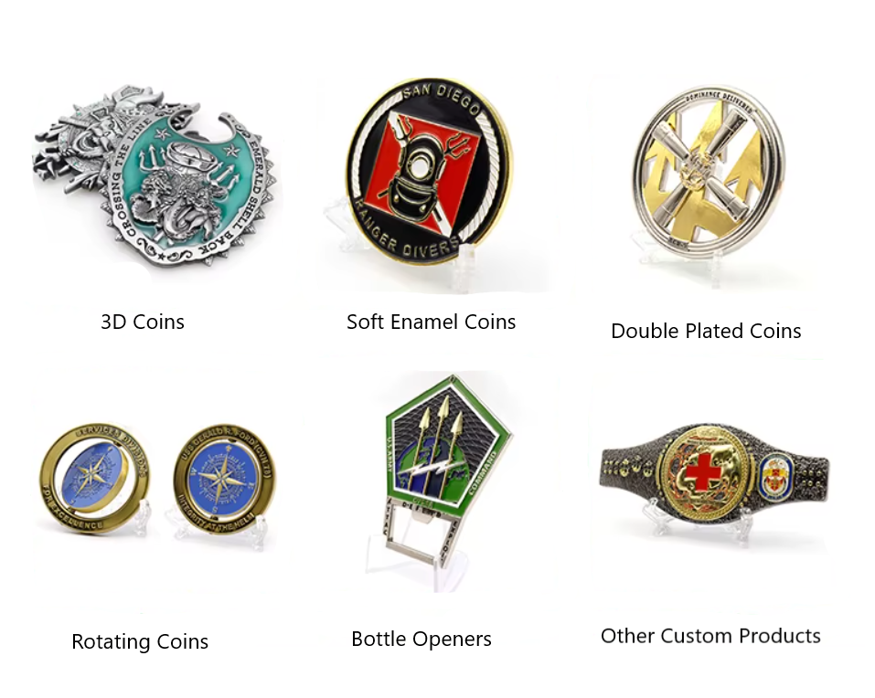 Collection of custom coins and products, including 3D coins, soft enamel coins, double plated coins, rotating coins, bottle openers, and a custom medical-themed item.