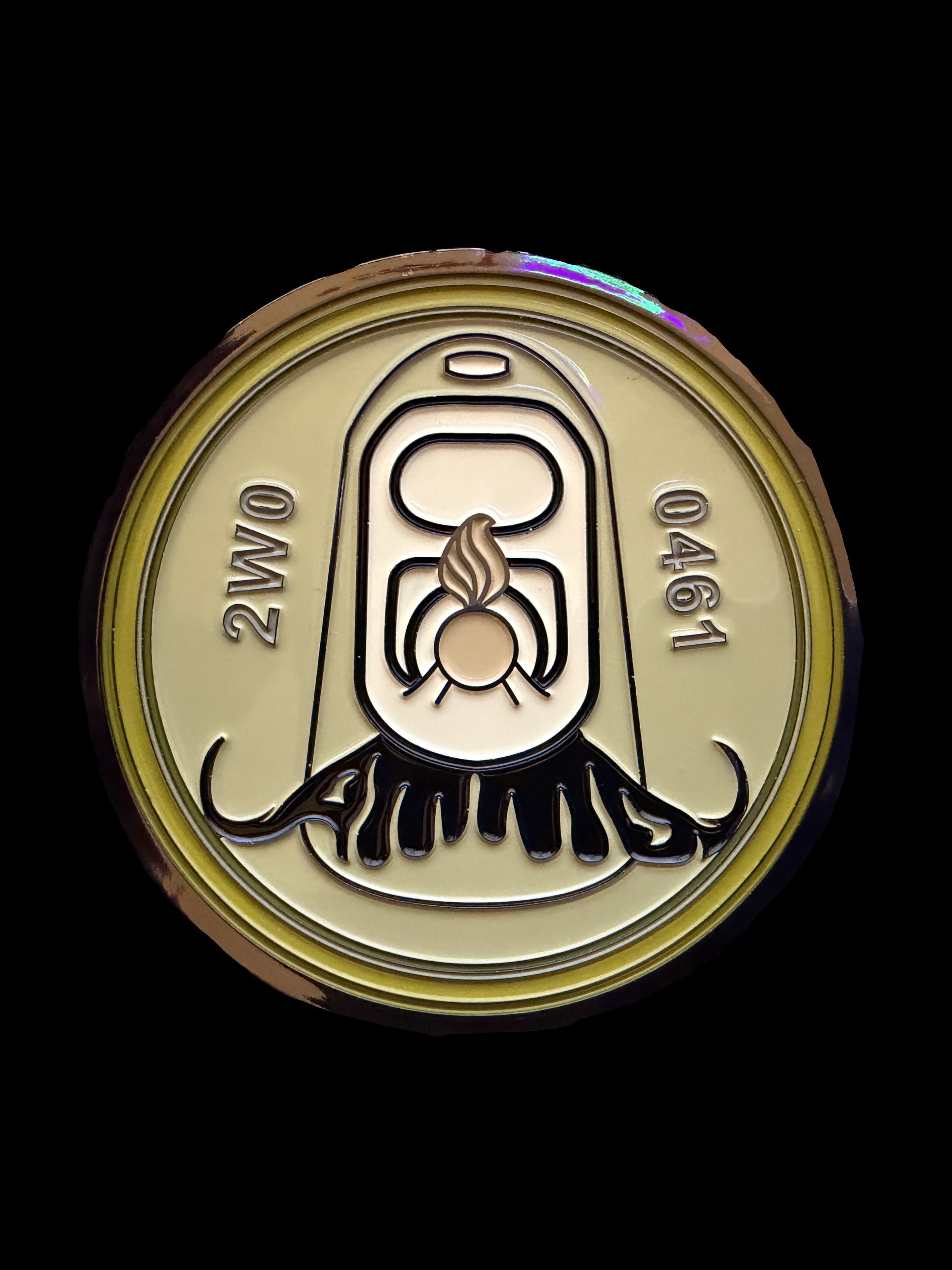 A top view of a soda can with a pull-tab, depicting a flame and a stylized plant underneath the tab, with the text '2 W.O' on the left and '0461' on the right, on a black background.