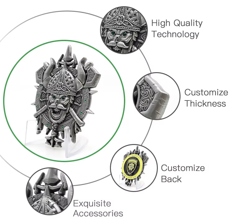 A decorative metal badge featuring a Viking warrior with a helmet, an axe, and a shield, highlighted by features like high quality technology, customizable thickness and back, and exquisite accessories.