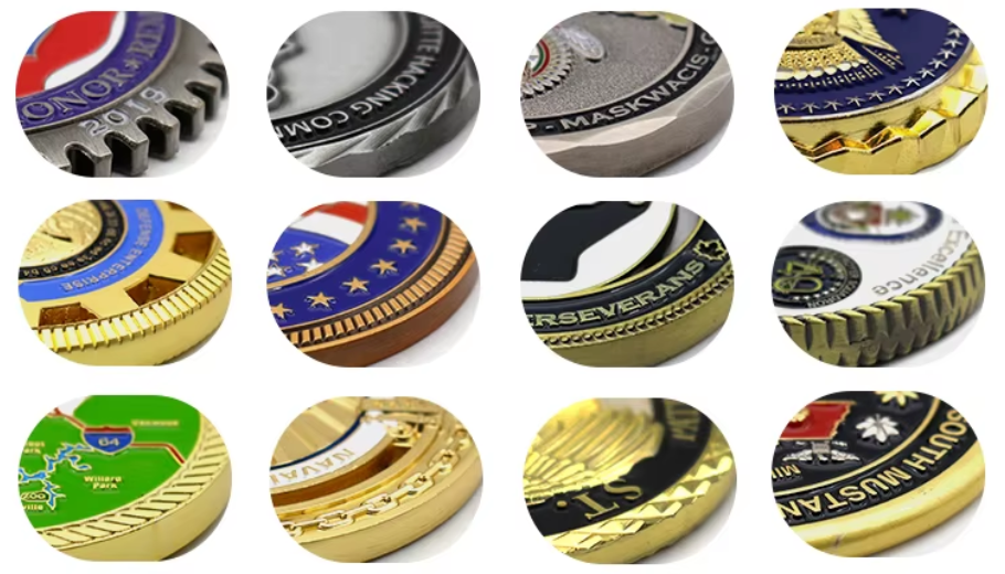 Close-up of various medal and coin edges with different designs and finishes.