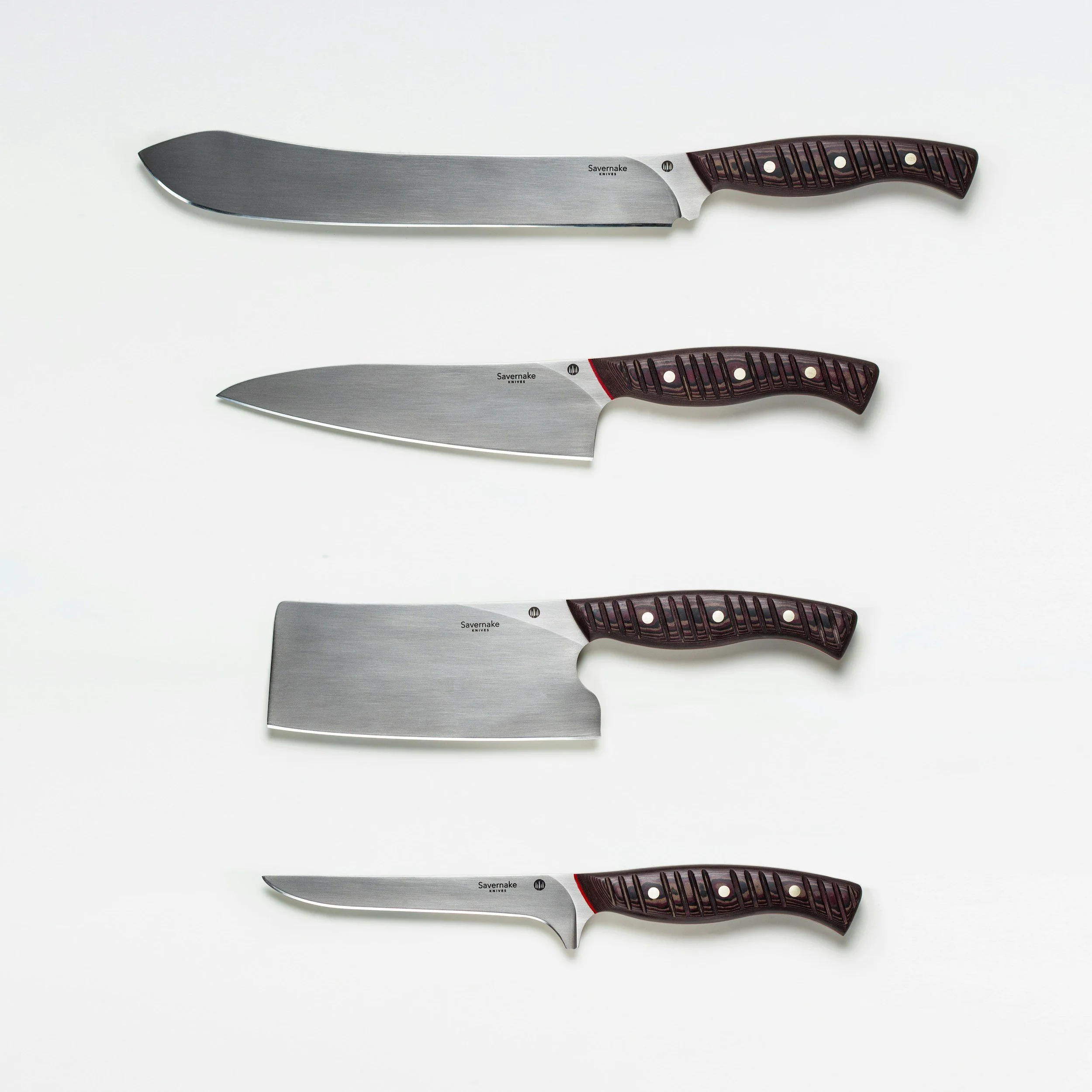 Set of four kitchen knives with dark wooden handles and stainless steel blades, arranged in a vertical line on a white background.