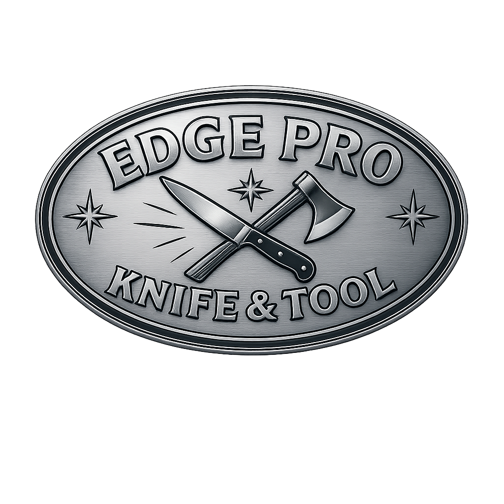 Metal emblem with the words "Edge Pro Knife & Tool," a knife and hatchet crossed, and four stars around the design.