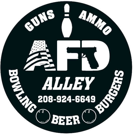Circular logo with the text 'Guns! Ammo! Bowning! Burgers! Beer!' around the perimeter, a large letter F and D in the center with a pistol and a bullet, an American flag, an alley address '208-924-6649', and two beer mug icons.