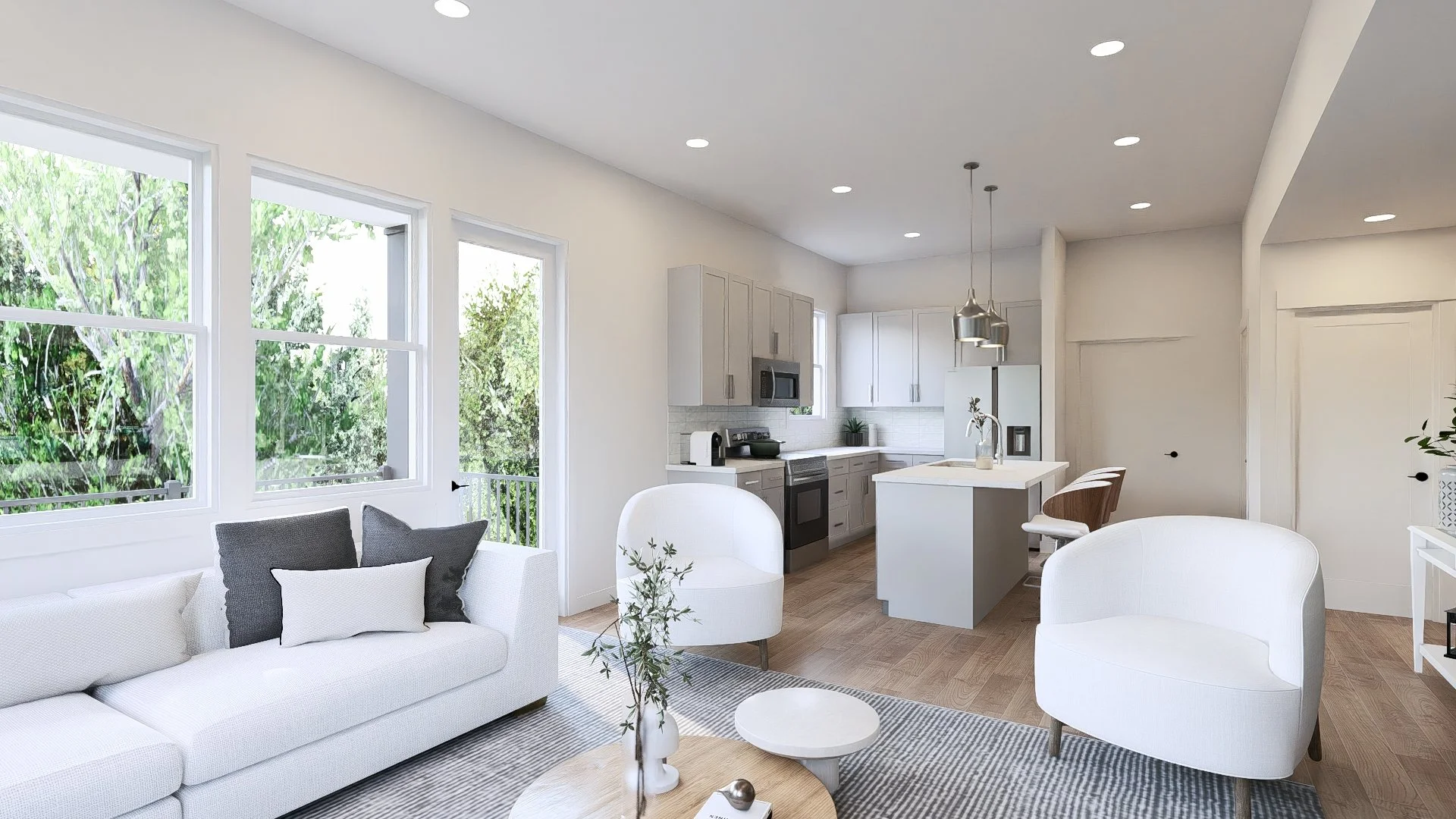 Bright and airy open-concept living room and kitchen featuring large windows, white furniture, wooden flooring, and modern decor.