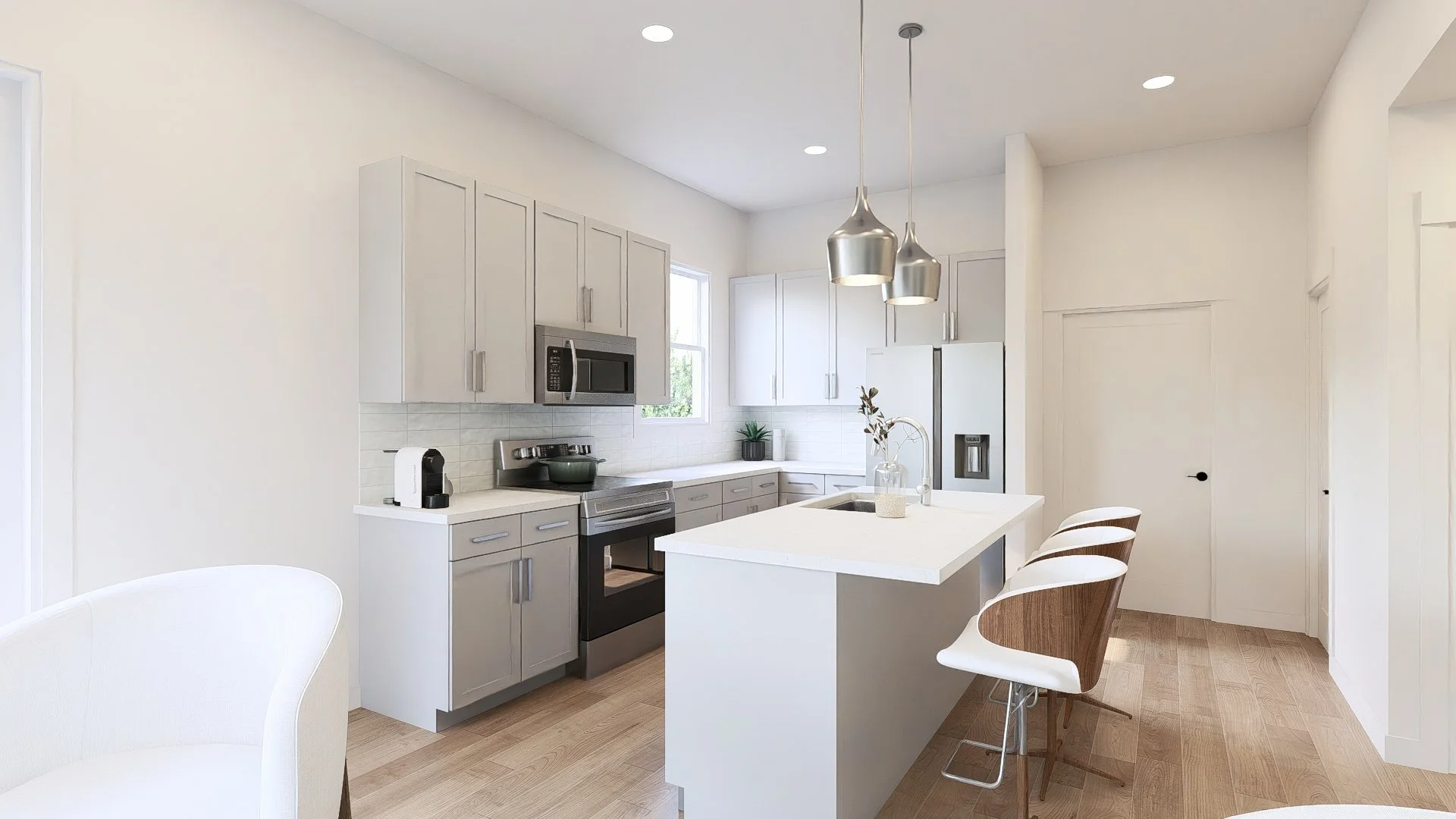Modern kitchen with white cabinetry, stainless steel appliances, a kitchen island with a sink, pendant lights, and barstools.