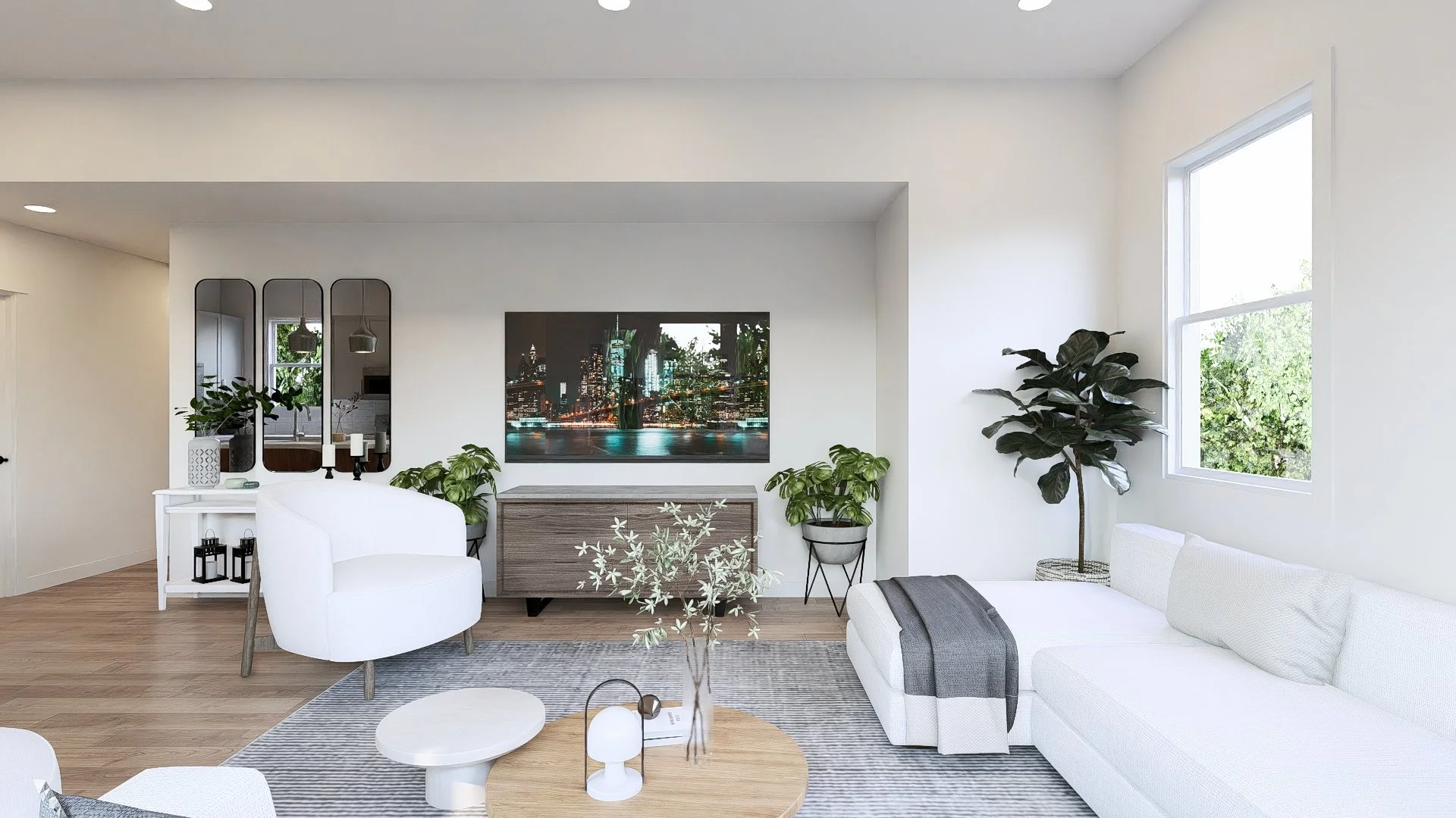 Bright, modern living room with white walls and furniture, large window with trees outside, and various green plants inside, including a tall potted plant and smaller plants on a side table.