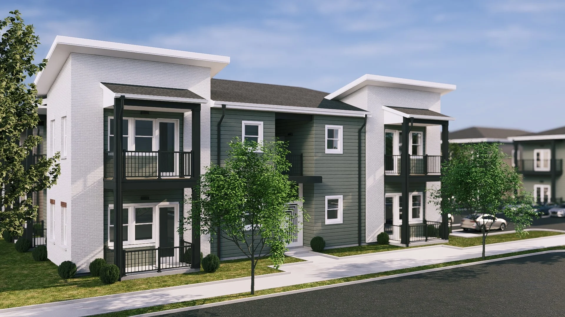 Modern multi-family residential building with white and gray exterior, small balconies, landscaped front yard with small trees and bushes, sidewalk, and parking lot with cars, under a blue sky.