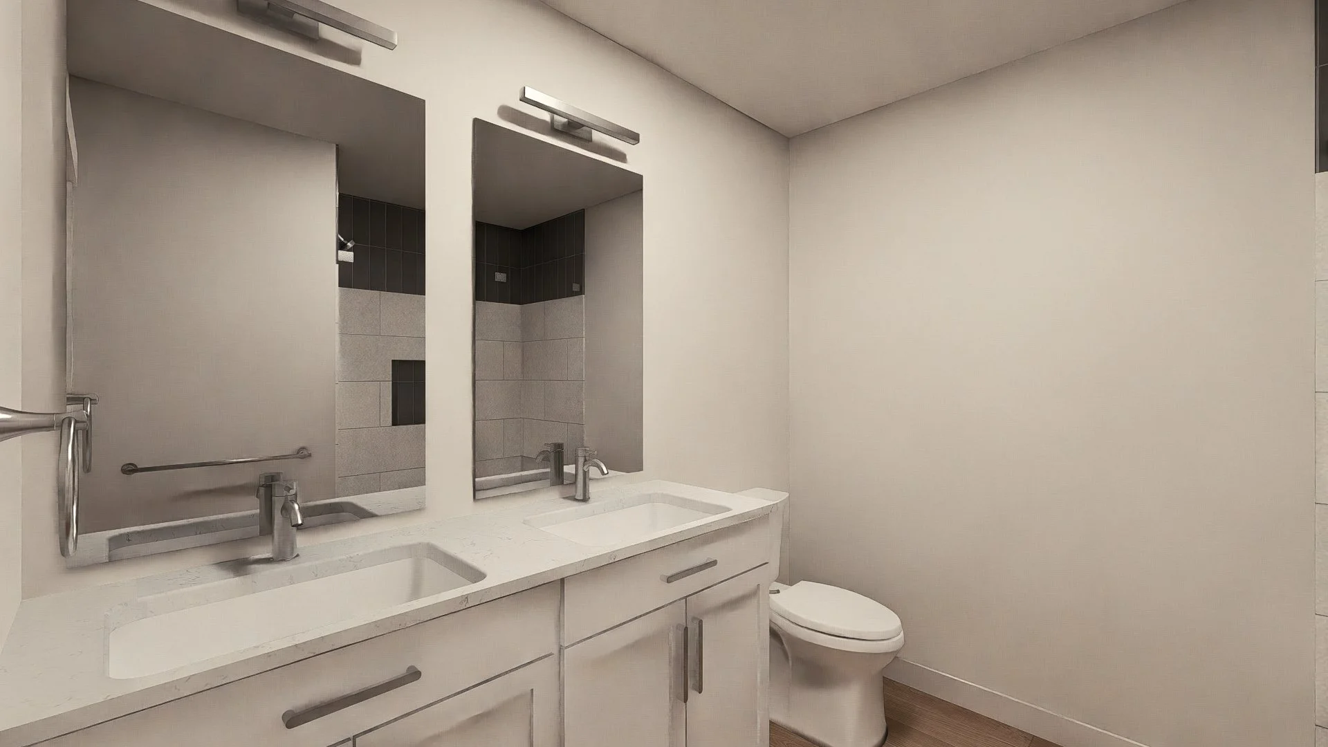A modern bathroom with a white double vanity, two mirrors, and two sinks. There is a toilet adjacent to the vanity and a walk-in shower with gray tiles visible in the reflection of one mirror. The walls are painted white, and the room has wooden floo