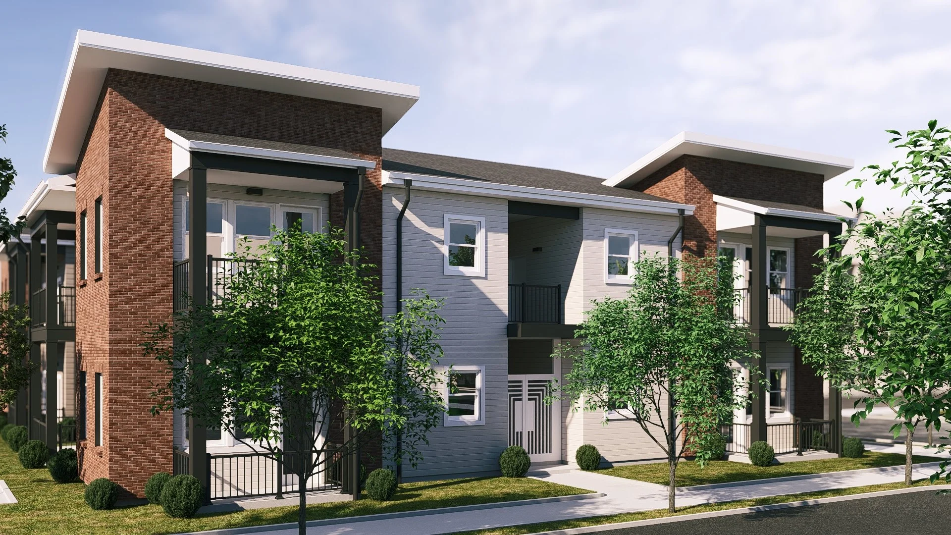 Modern multi-story residential building with brick and siding exterior, surrounded by well-maintained lawn and trees.