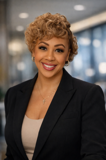 A woman with short, curly platinum blonde hair smiling and wearing a blue top with a matching scarf.