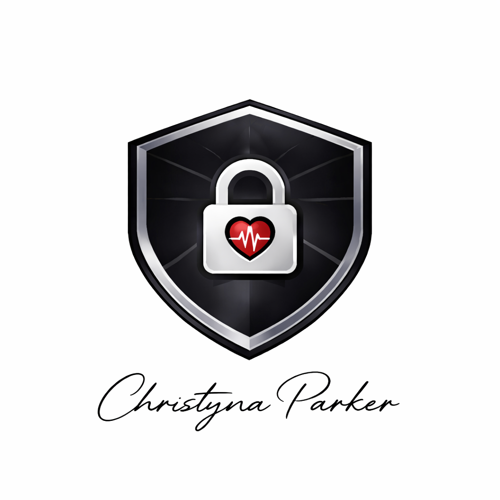 A logo featuring a gray shield with black edges, a white padlock with a red heart and heartbeat line inside, and the name "Christyna Parker" written below in cursive.