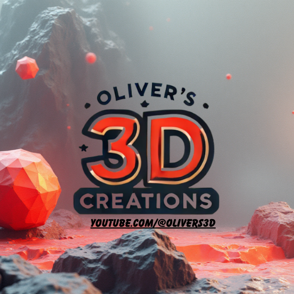 3D logo for Oliver's 3D Creations with rocks and lava in the background.