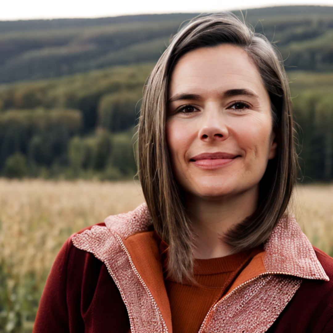A woman with shoulder-length brown hair, wearing an orange and maroon jacket, standing in a field with a backdrop of hills covered in trees.