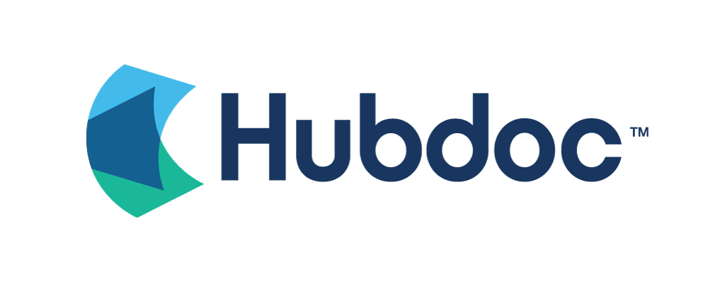 Hubdoc logo featuring a stylized geometric shape in shades of blue and green with the word "Hubdoc" in dark blue letters