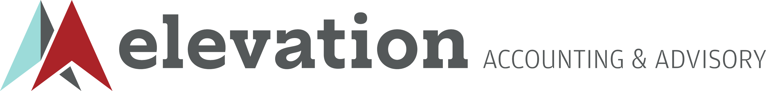 Logotipo de la empresa de contabilidad y asesoría llamada 'Elevation Accounting & Advisory' con un icono de picos en tonos azules, rojos y grises.