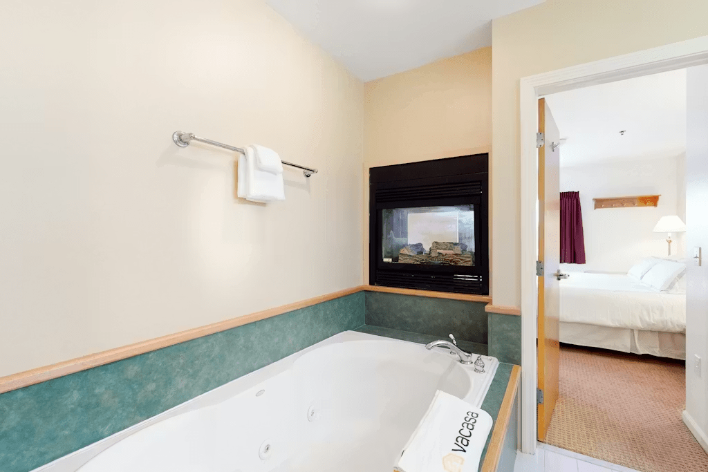 Master bathroom jetted tub and gas fireplace