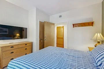 The second bedroom has a queen bed and smart TV