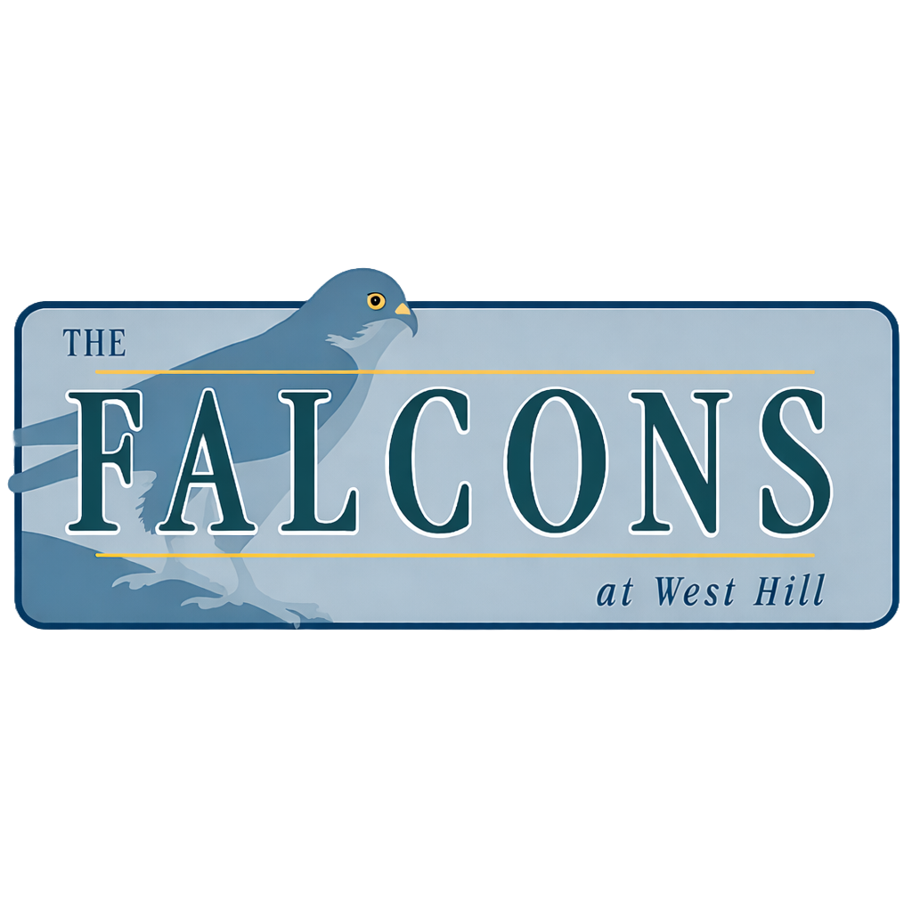 Street sign for The Falcons at West Hill with a blue and gray falcon illustration.