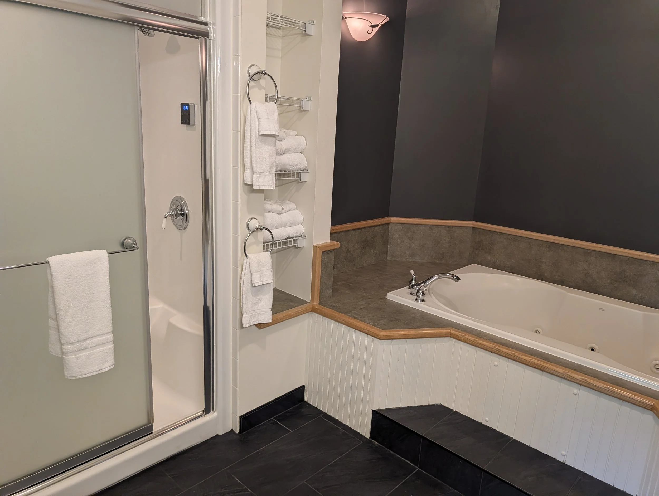 Master Bath with deep jacuzzi tub and steam shower for two
