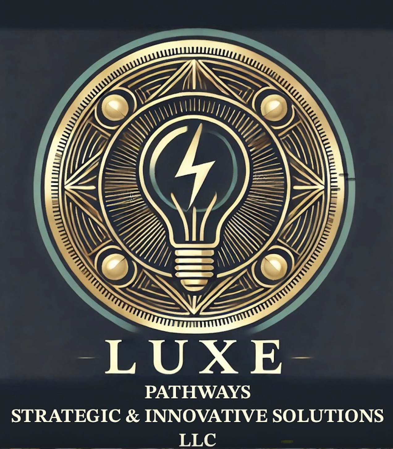 A gold and black logo with a light bulb featuring a lightning bolt inside. Surrounding the light bulb are geometric designs and four small gold circles. Below the logo, the text reads 'LUXE PATHWAYS STRATEGIC & INNOVATIVE SOLUTIONS LLC' in white.