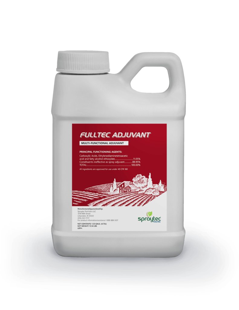 A white bottle of Fulltec Adjuvant multi-functional pesticide with a red label.