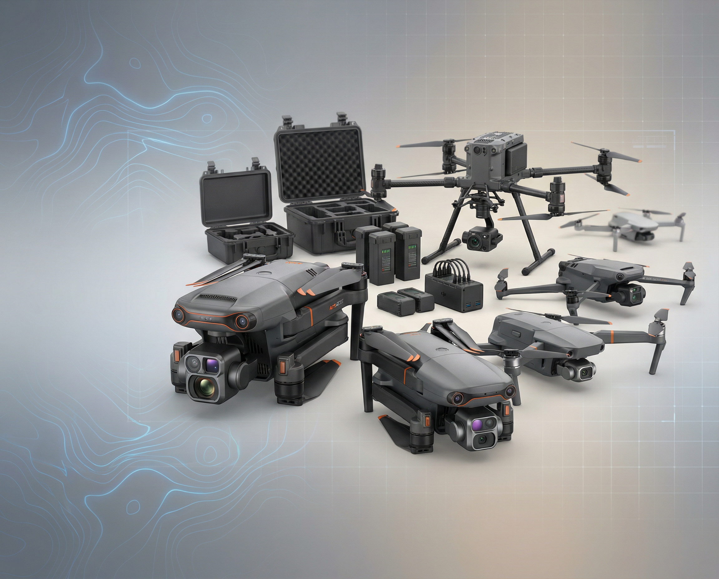 Multiple drones with cameras, batteries, and carrying cases on a light background with a subtle map overlay.